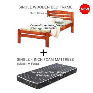 Single Wooden Bed Frame + 4inch Foam Mattress Medium Firm
