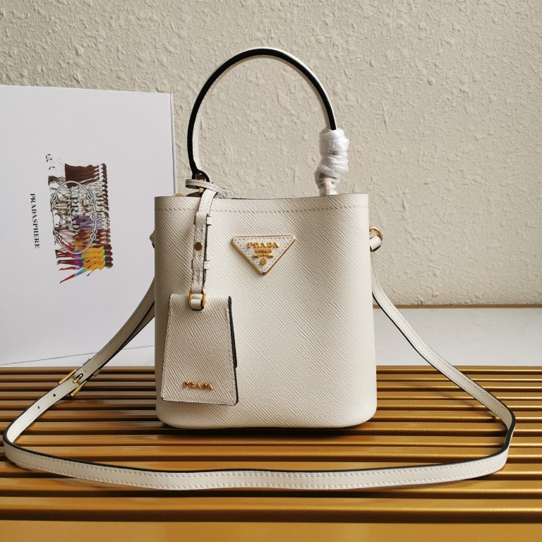 White/black Small Saffiano Leather Prada Panier Bag