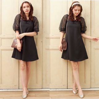 🎀日牌（黑）拼接紗袖 小波點 桃心領 連身裙64208541597442110