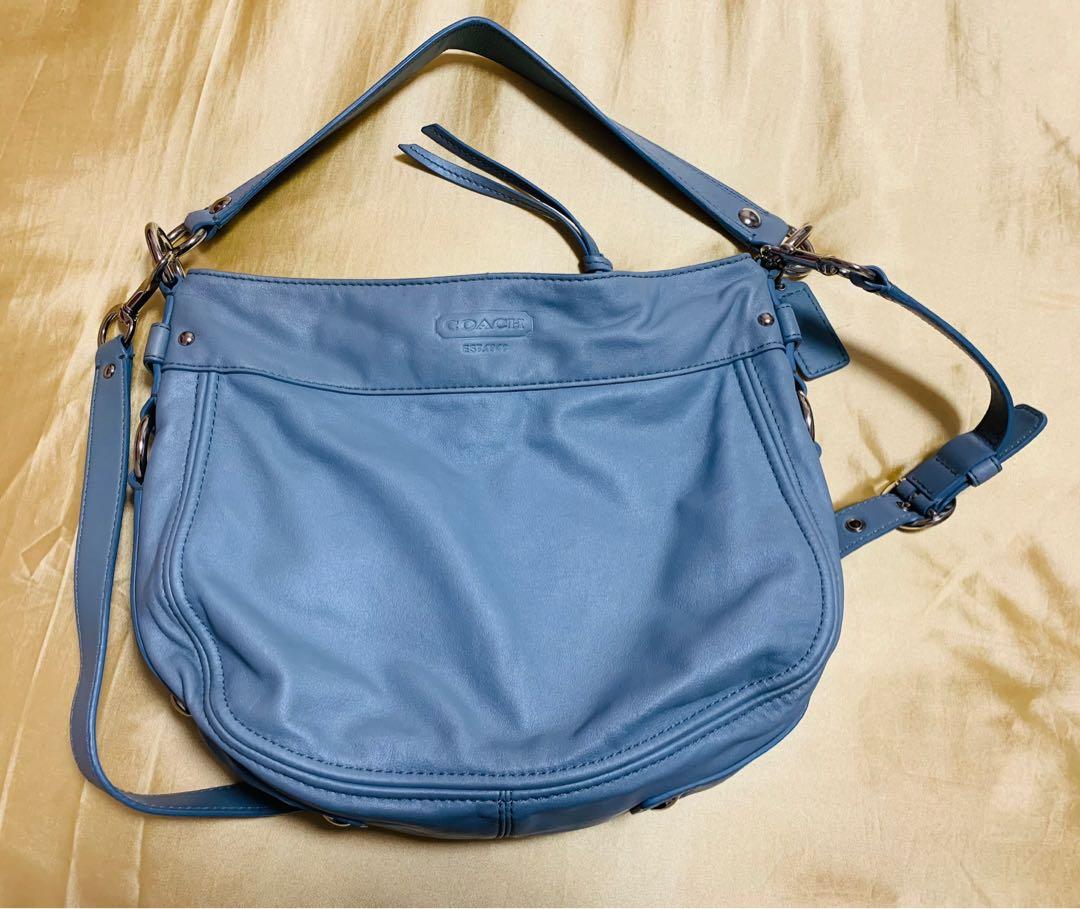 Coach Blue Leather Zoe Hobo Bag with gold-tone hardware, interior