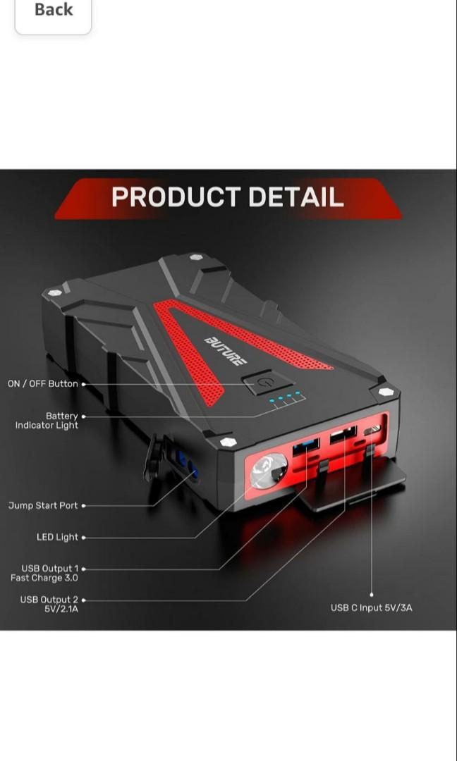 BUTURE Car Jump Starter, 800A Peak 12800mAh Portable Car Battery