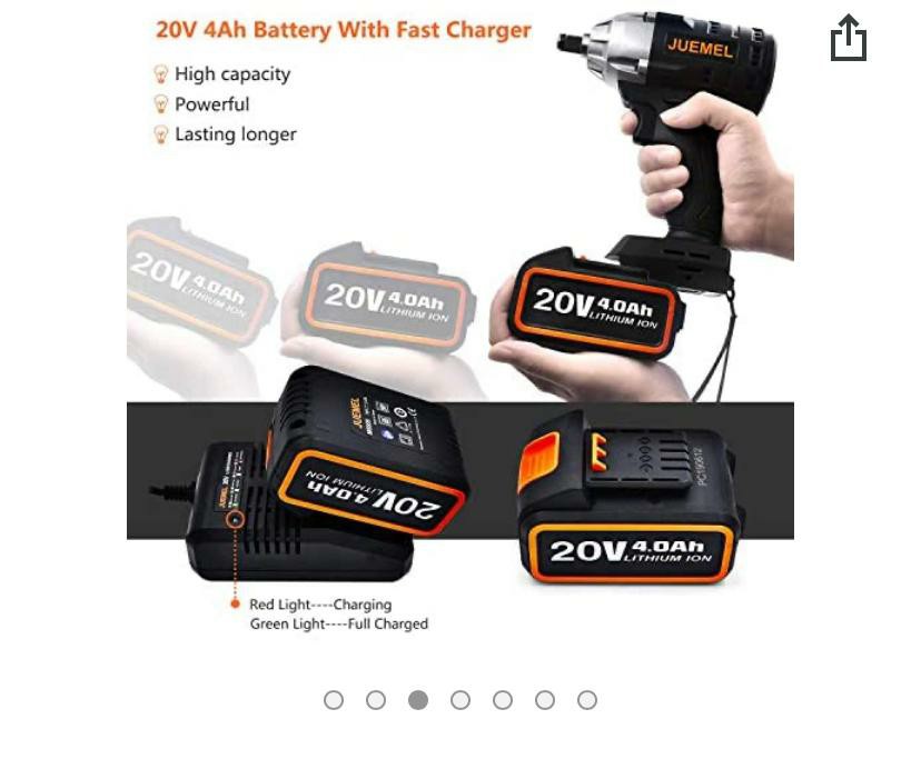 Cordless Impact Wrench JUEMEL 20V Impact Driver 320N.m Torque 4.0Ah Lithium Battery 2 Speed Brushless 12.7mm and 6.35mm Chuck with 14