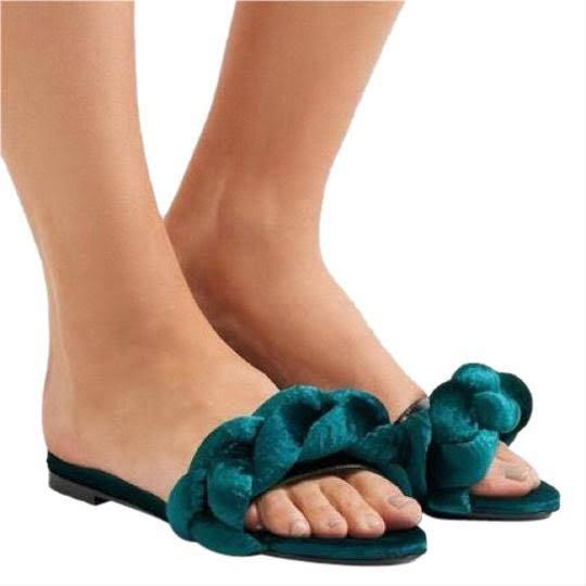 Excellent condition Authentic Marco de vincenzo braided teal velvet slides 37