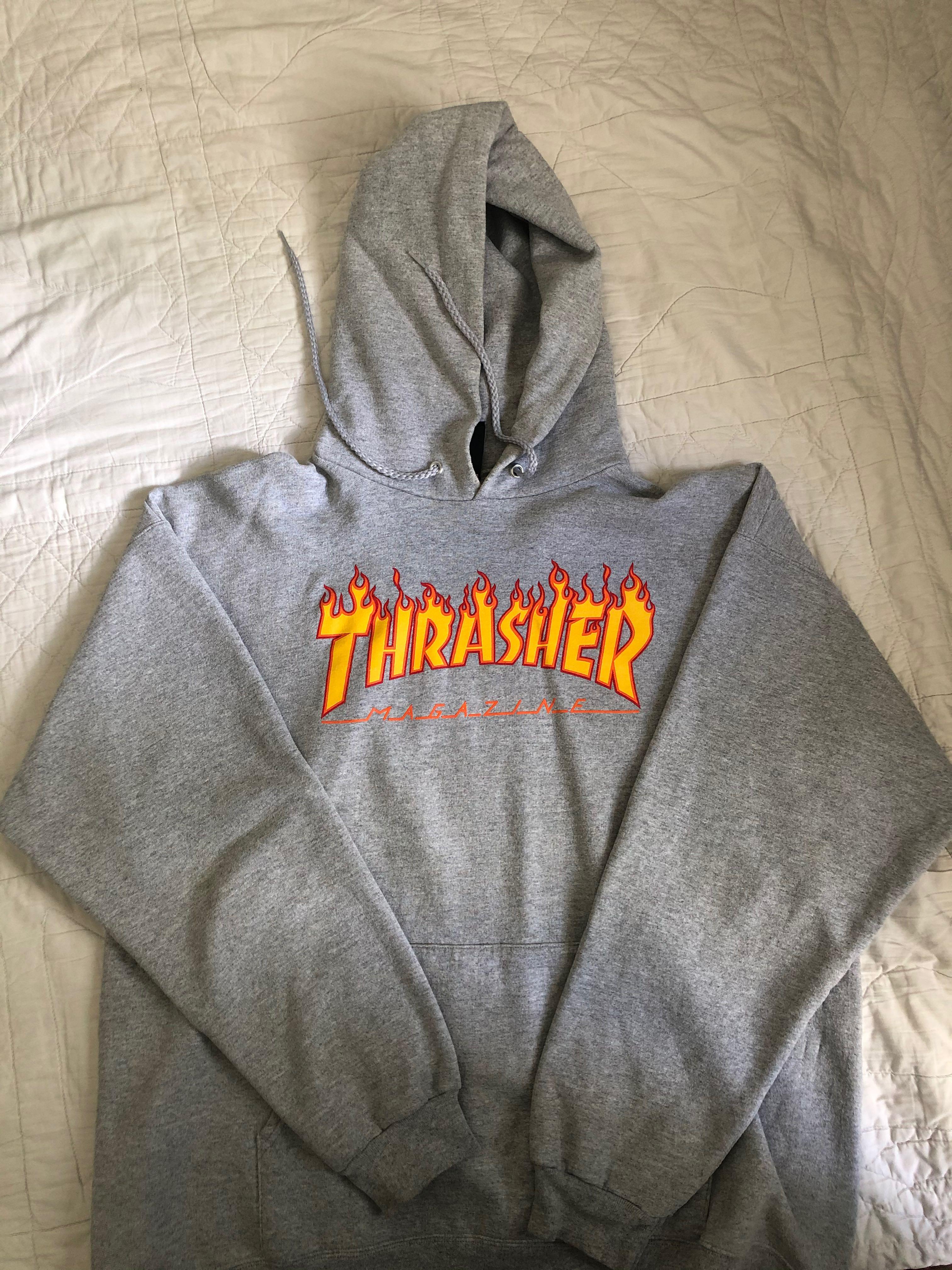 Thrasher silver flame logo grey tie dye pullover hoodie top