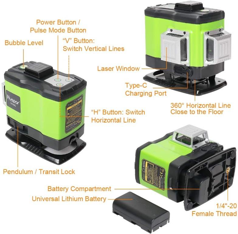 Huepar 3D Cross Line Laser Level 3 x 360° Green Beam Self-leveling Tiling  Floor Laser Level Tools with Remote Control 503DG 