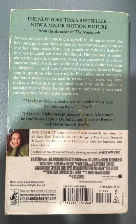 My Sister's Keeper by Jodi Picoult (Category: Storybooks) located in Quezon City. Submitted by summuhnee (Listing ID 1108193677, Image 2). Description: - pre-loved :) - creases on the corners - still in good condition - RFS: need space for my bookshelf price is negotiable :) C.O.D. via Shopee checkout or Mr. Speedy just send a message for more details .