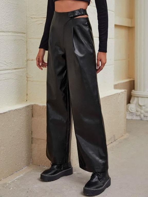 Shein Cut Out Wide Leg Pu Leather Pants Women S Fashion Bottoms Other Bottoms On Carousell