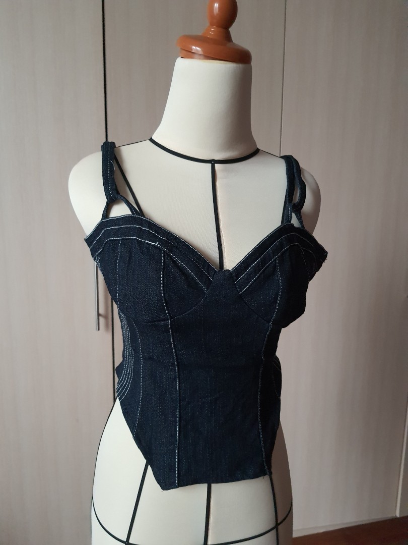 Y2k denim corset/bustier top, Fesyen 