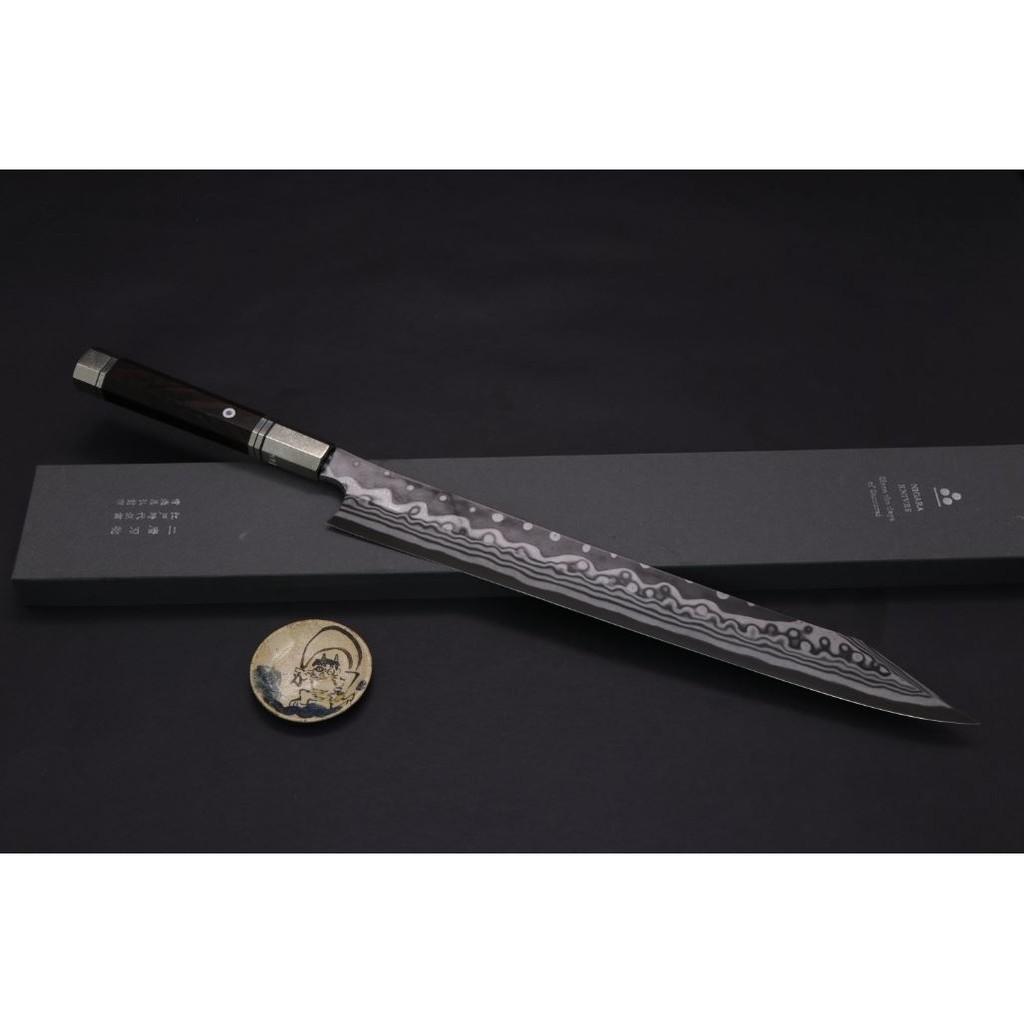 二唐 鬼殺 青二鋼暗紋墨流劍形柳刃300mm 日本高級廚刀 墨流暗紋劍柳 傢俬 家居 廚具和餐具 刀和砧板