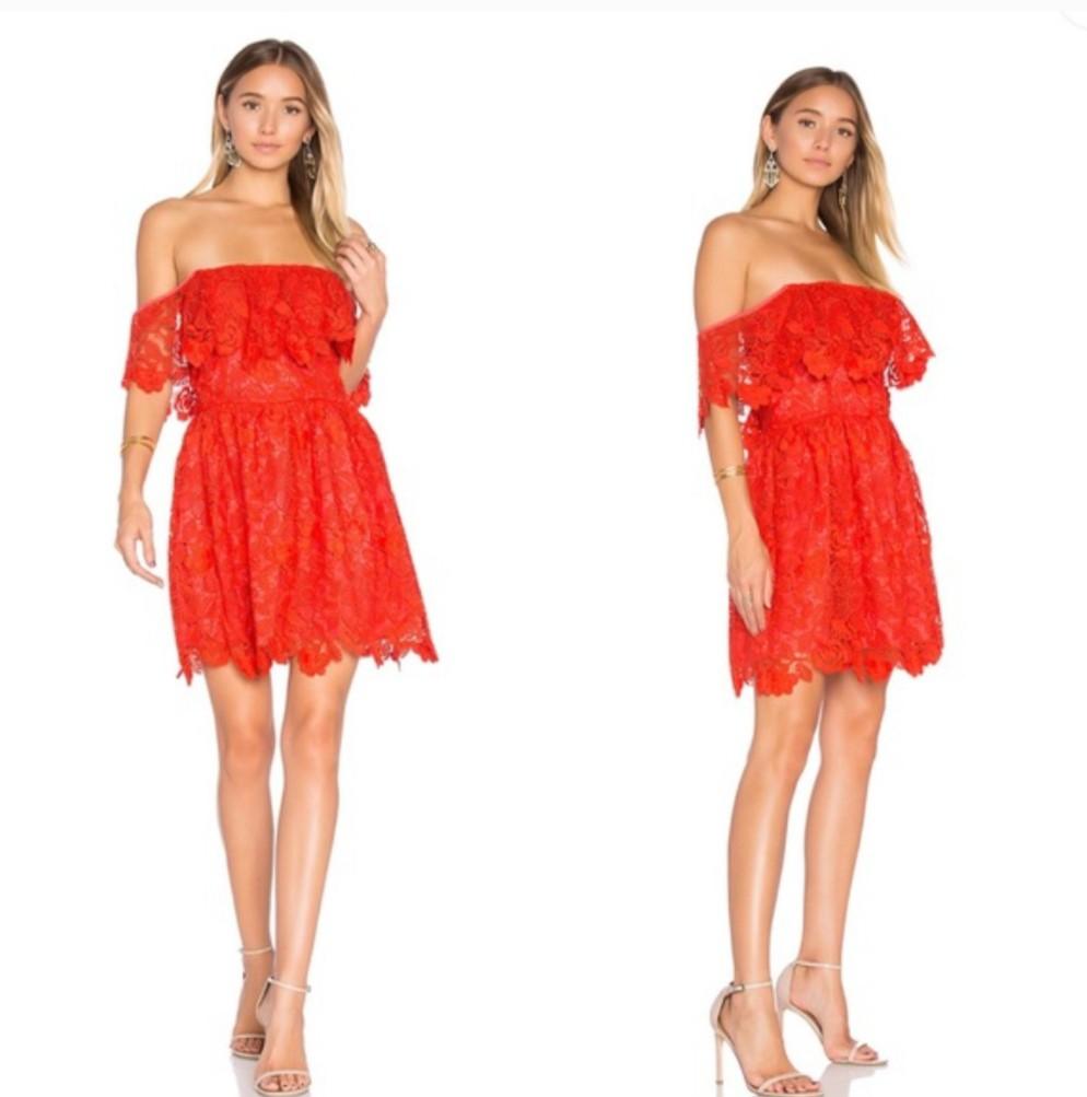 LOVERS + FRIENDS REVOLVE Rust Red Silky Off Shoulder Ruffle Tiered store Mini Dress S