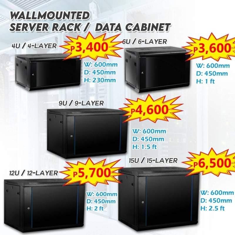 WALLMOUNTED SERVER RACK | DATA CABINET (Category: Networking) located in Pasig City. Submitted by fjEgangan (Listing ID 1104526912, Image 1). Description: Details: ✅ 2 Slot for Exhaust ✅ Removable Side Panel ✅ Glass Front Panel with Key ✅ Top and Bottom removable slot for cable management ✅ 4 mounting rails **** Add Ons Accessories **** ⭐ Exhaust Fan = 400.00 ⭐ PDU 6 Slots Plastic = 600.00 ⭐ PDU 8 Slots Plastic = 800.00 ⭐ PDU 8 Slots Metal = 1200