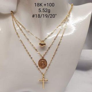 18k Saudi Gold Necklace Triple Layered Heart Virgin Mary Cross