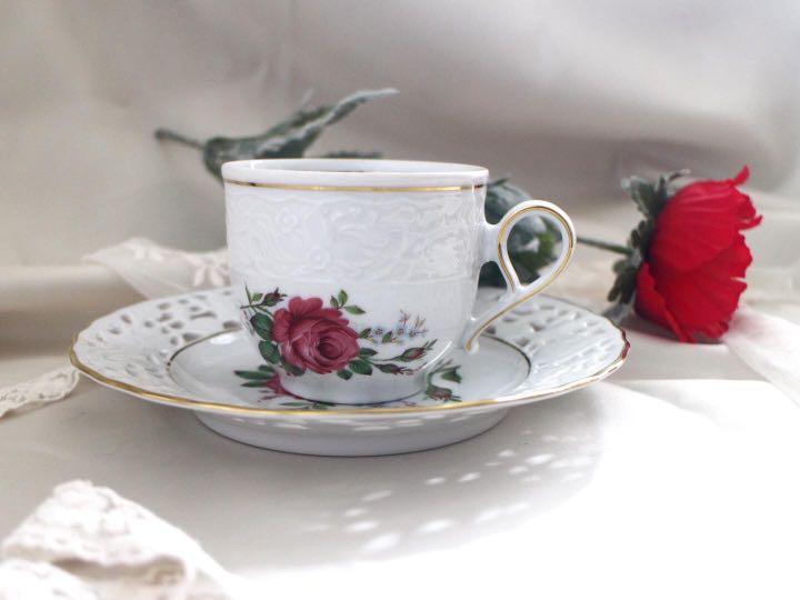 德國alt Mitterteich Bavaria 紅薔薇通花暗刻紋白瓷茶杯碟 德國直送 廚房用具 Carousell