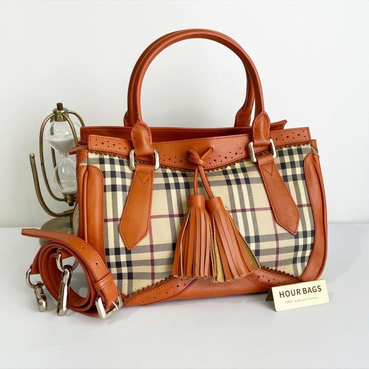 Authentic Burberry Tangerine Leather Coated Canvas Tassel Tote