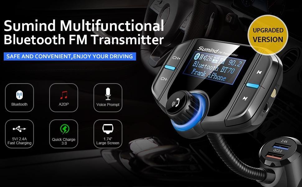 Sumind (Upgraded Version) Car Bluetooth FM Transmitter, Wireless Radio  Adapter Hands-free Kit with 1.7 Inch Display, QC3.0 and Smart 2.4A USB  Ports