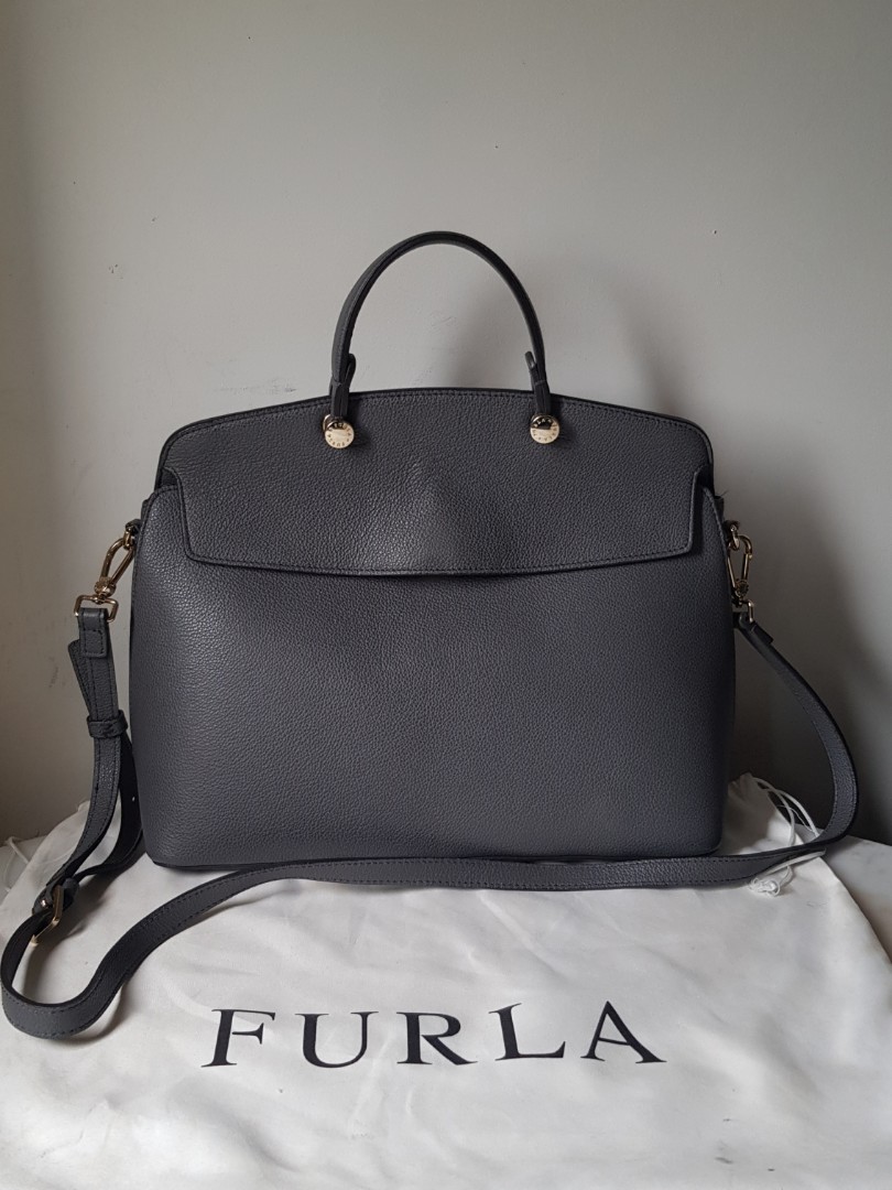 Furla My Piper Ladies Medium Black Leather Top Handle Crossbody Bag Grey