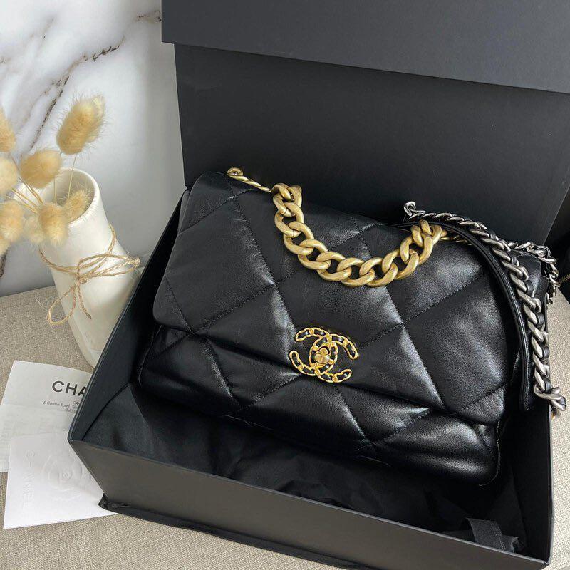 Pre-order Chanel 19 Black 30cm Quilted Leather, Luxury, Bags