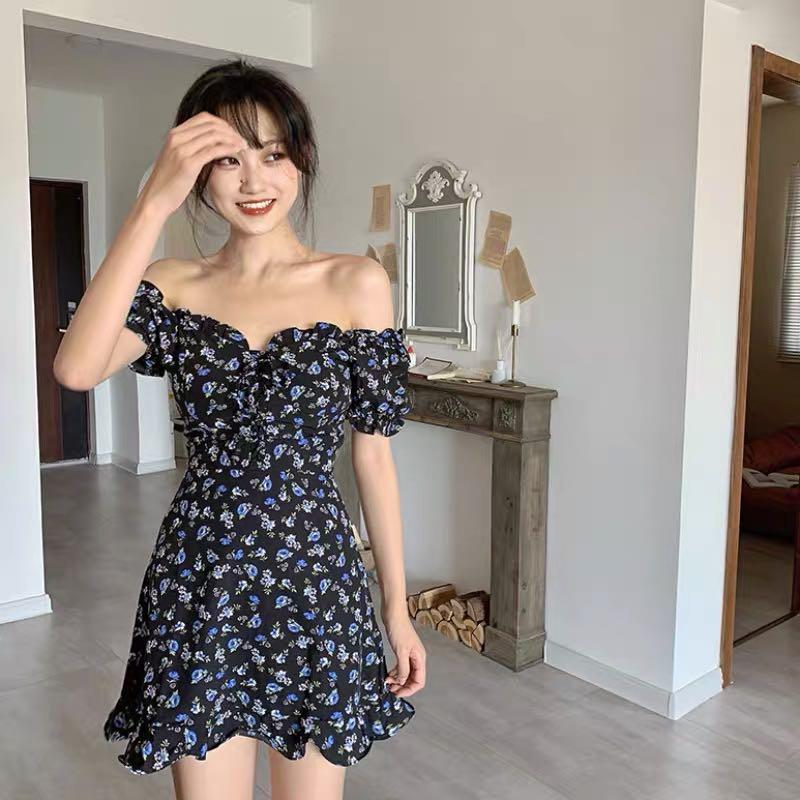 Black dress with blue flowers top