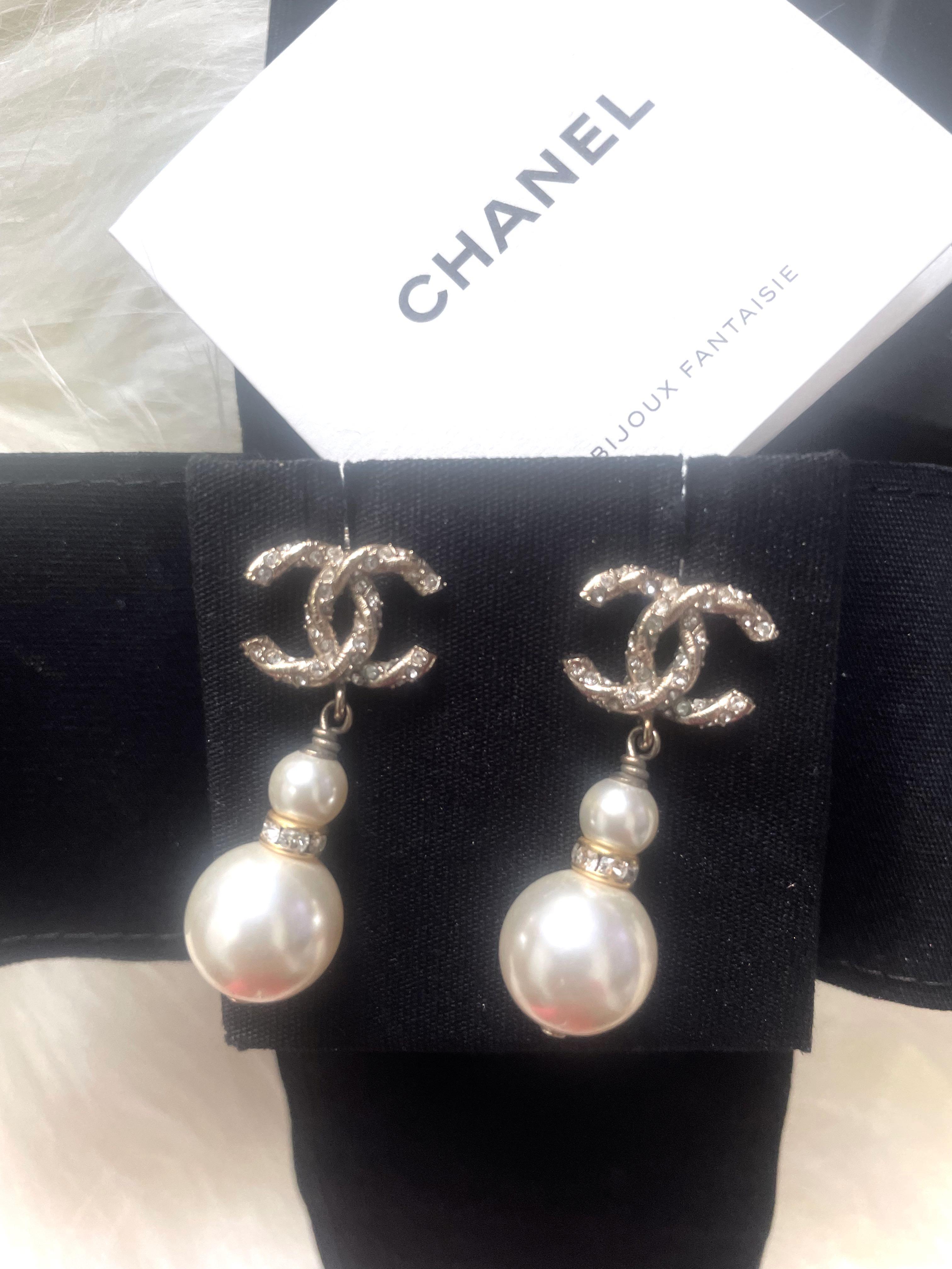 CHANEL CC Logo Black Leather Pearls Stud Earrings Gold Tone NWTB 22 Italy  Large  eBay