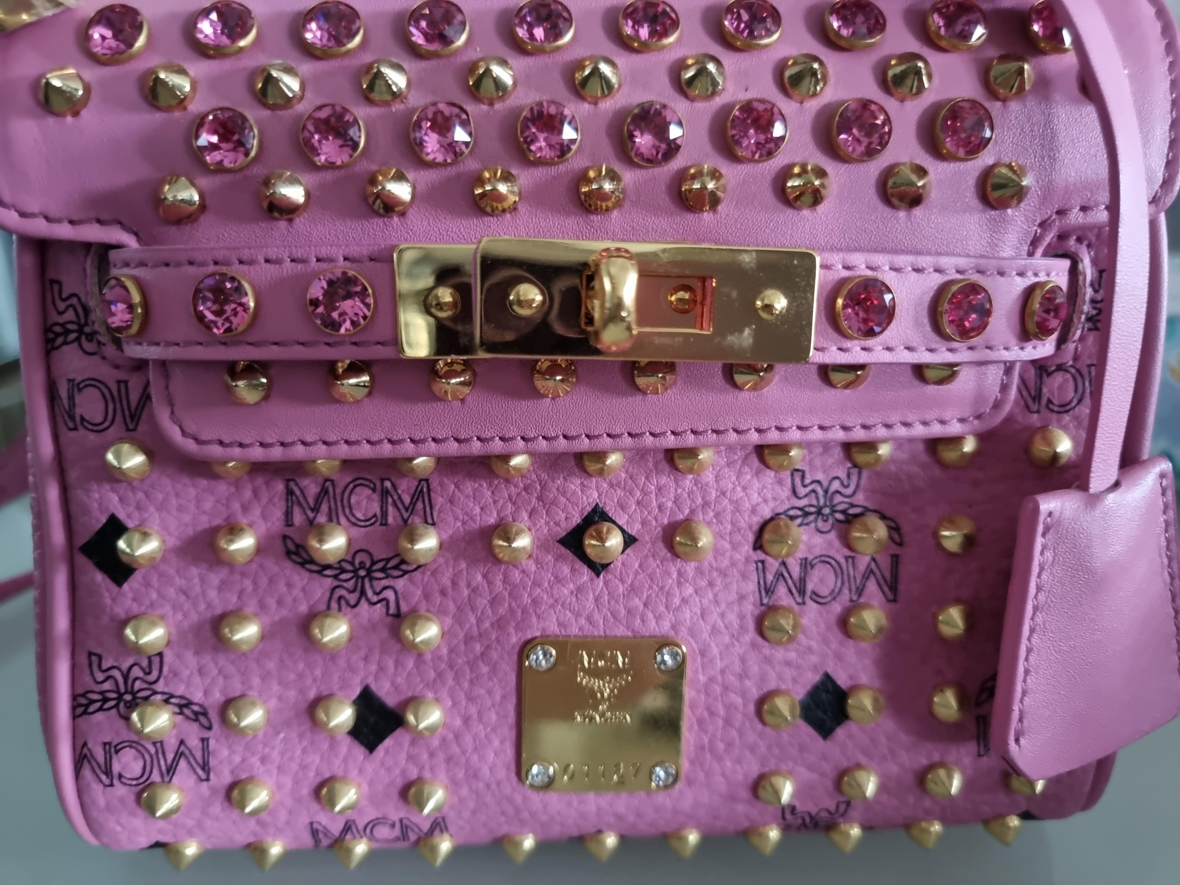 Mcm pink crystal studs sling bag, Women's Fashion, Bags Wallets