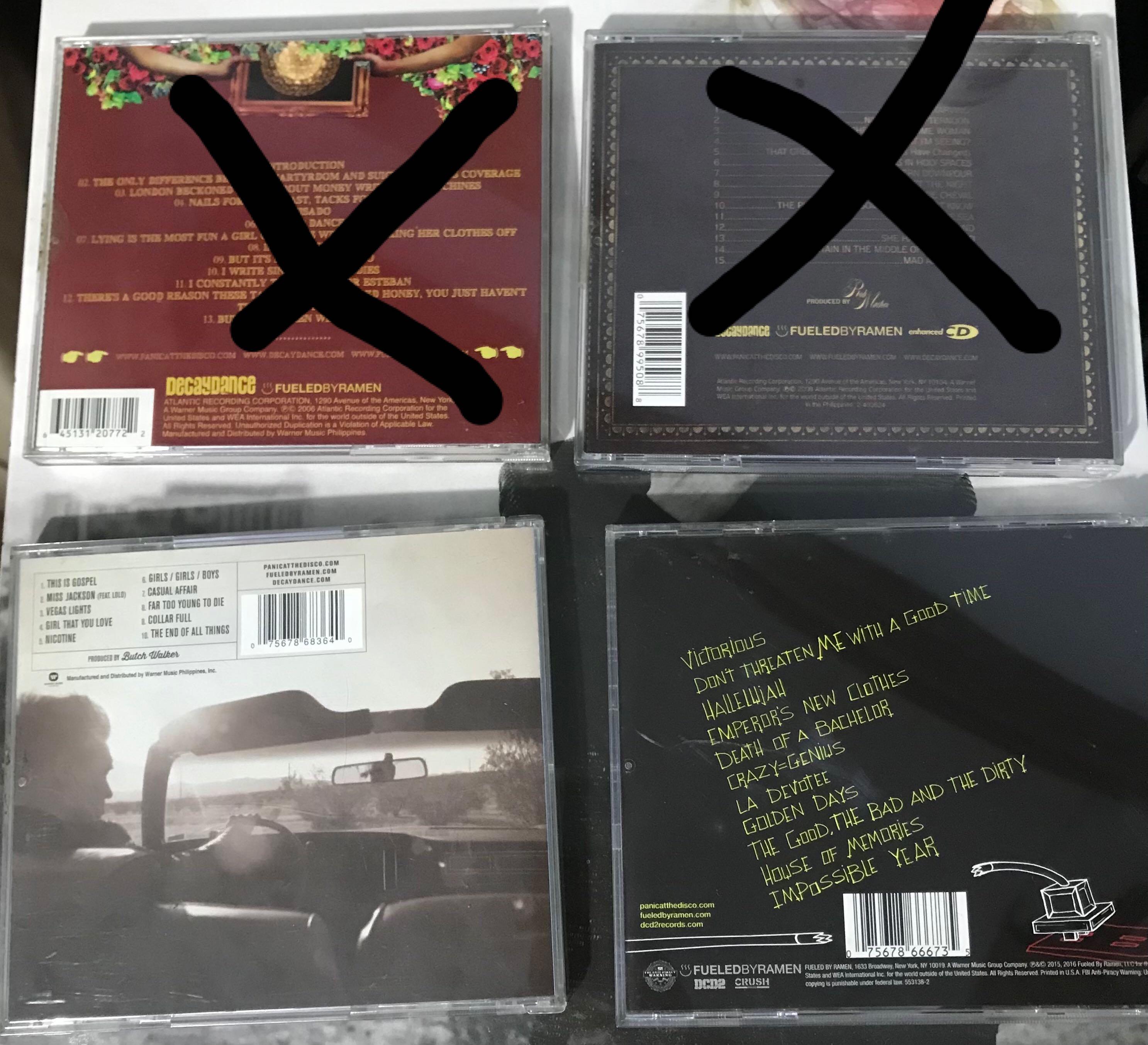 Panic! At the Disco albums (Category: CDs & DVDs) located in Quezon City. Submitted by notabbie (Listing ID 1102922654, Image 2). Description: ❌A Fever You Can't Sweat Out (500) ❌Pretty. Odd. (500) 🖤Too Weird to Live, Too Rare to Die! (500) 🖤Death of a Bachelor (shipped from US) (890) .