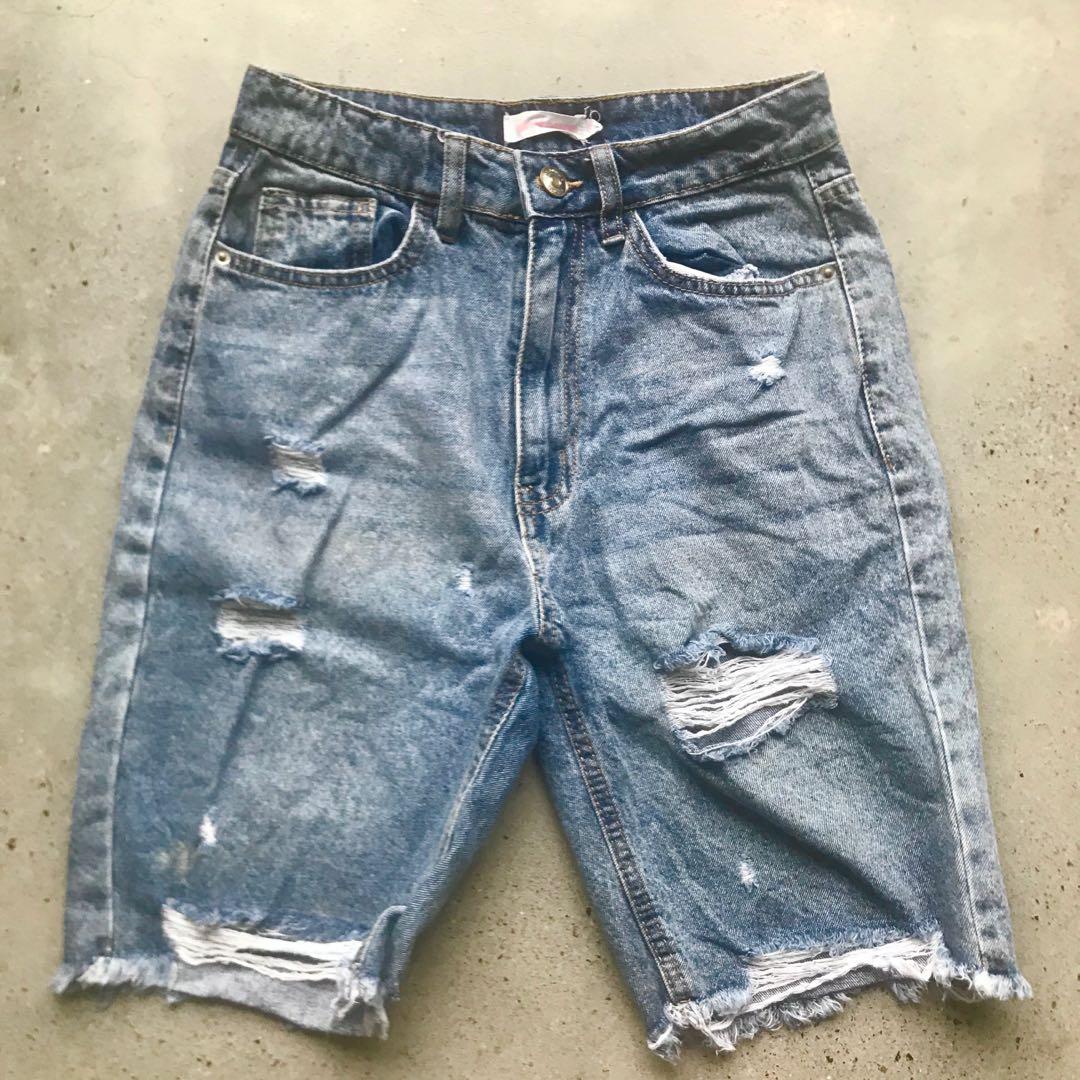 SUPRE Distressed Bermuda Denim Shorts 