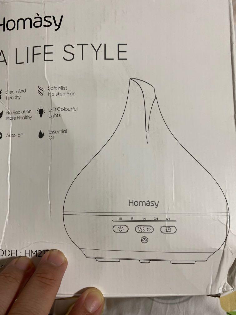 Aroma diffuser homasay (Category: Home Fragrance) located in Singapore. Submitted by petitemcee (Listing ID 1108892621, Image 2). Description: Homasy aroma diffuser Width 170 by height 195mm Led colourful lights W charger Brand new but box packaging old.