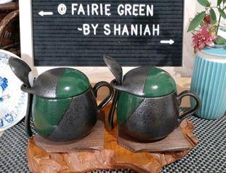 JAPAN -Stone Ceramic Green&Black Lidded Coffee Mug Cup with teaspoon & wooden coasters  PAIR