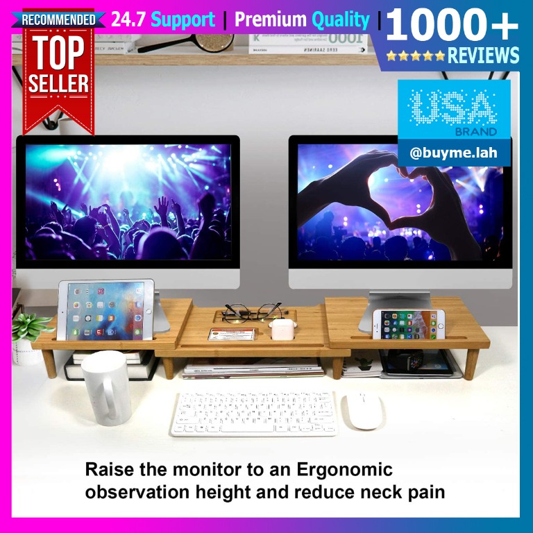 Pezin Bamboo Dual Monitor Stand Riser for Desk Organizer, Adjustable ...