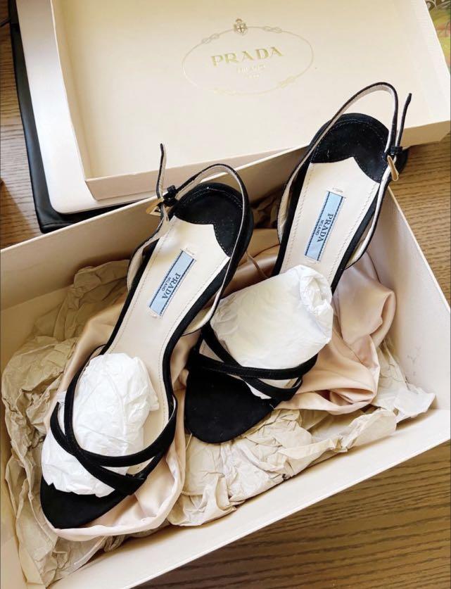 Prada 1X617D Blk Suede Sandalo Cam Heels (Category: Accessories) located in Bankstown. Submitted by neko.x3 (Listing ID 1108742518, Image 3). Description: Condition: Brand New, Never Used, Comes with Box. Please note there is a slight scuff mark at the base of the heel which was originally like that when I received it. *Unwanted gift, no receipt* Size: 39.5 Dimensions: 26cm Length 5cm width (Back section of the heel) 6cm width (Front section wher