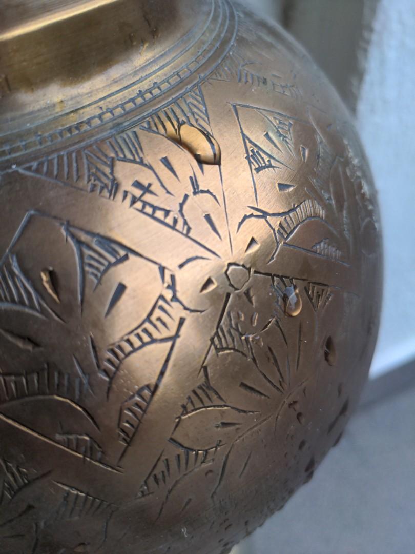 Tall vintage solid brass vase, etched floral