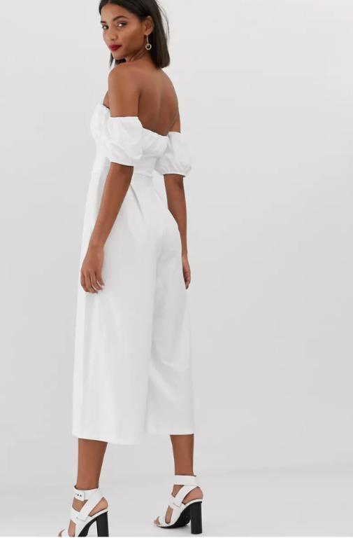 ASOS DESIGN white off shoulder belted wide leg culotte jumpsuit