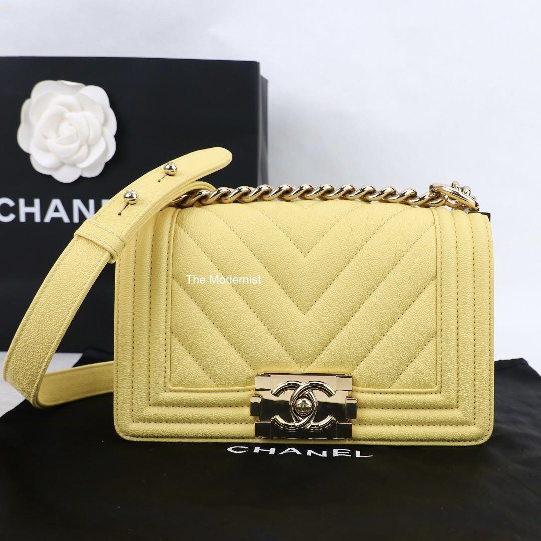 Authentic Chanel Small Boy Bag Pastel Yellow Grained Calf Leather, Luxury,  Bags & Wallets on Carousell