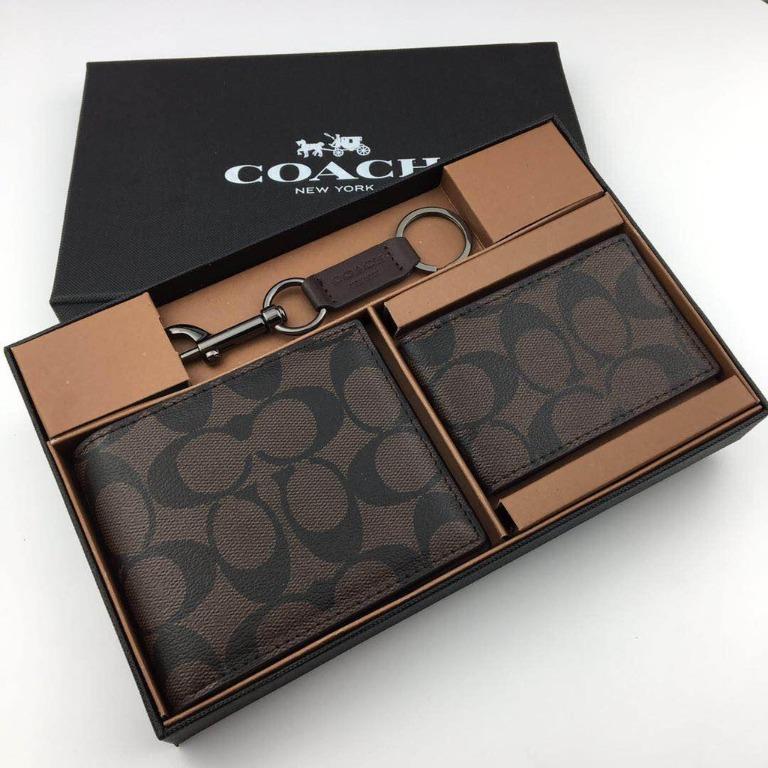 Coach Men Wallet Signature Dark Brown Limited Edition Collection Wallet Complete Set With Keychain wallet For Men Come With Complete Set Suitable for