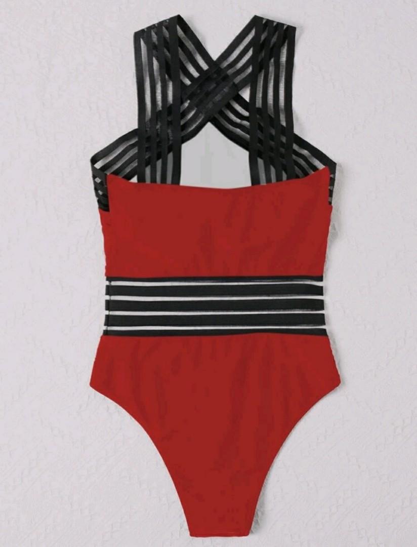 Sexy red w black see through straps one piece swimsuit Women s