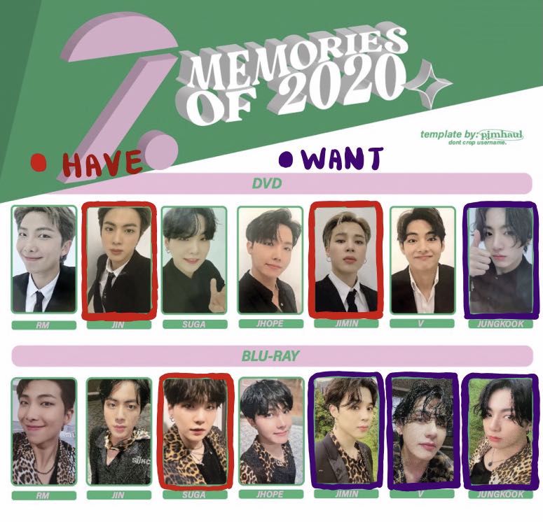 WTT BTS Memories 2020 DVD and Bluray Photocards pc, Hobbies 