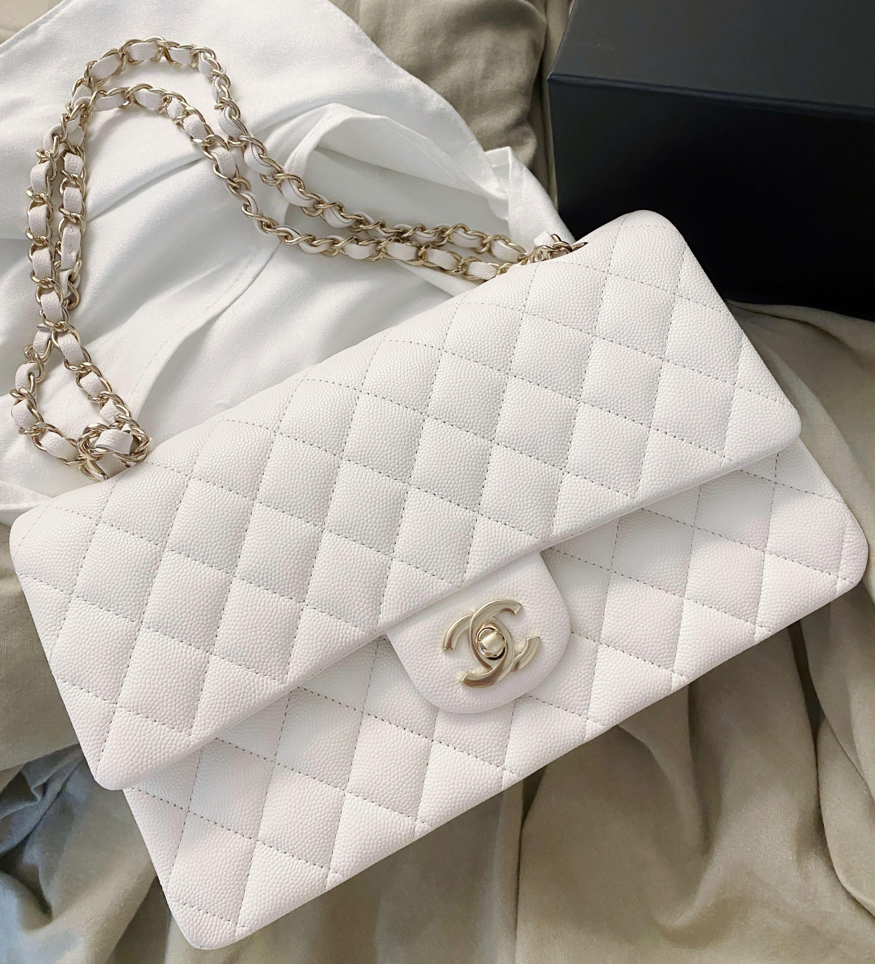 Chanel Medium White with Light Gold hardware Classic Flap, Luxury, Bags &  Wallets on Carousell