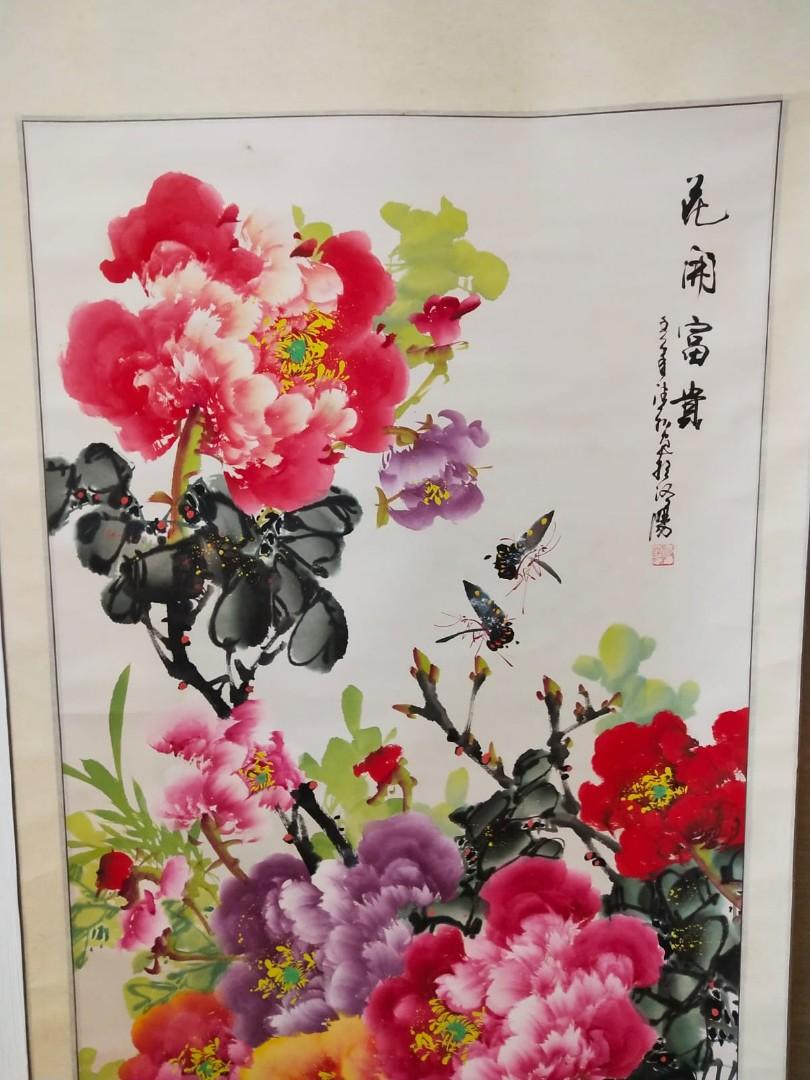 花開富貴牡丹花掛軸國畫, 傢俬＆家居, 家居裝飾, 家居裝飾- 其他