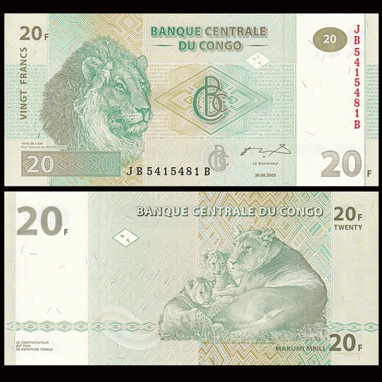 5 x 20 Francs 2003 P-94 LOT Congo D.R. JB-A UNC > Lions