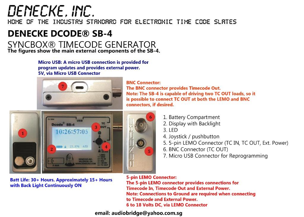 Denecke DCODE® SB-4 SYNCBOX TIME CODE GENERATOR (Category: Portable Audio Accessories) located in Singapore. Submitted by audiobridgee-shop (Listing ID 1109329718, Image 3). Description: IN STOCK NOW! The SB-4 features a display and menu system, which allows for ease of use and display of timecode and settings. - No range issues! Sync via BNC - Runs on 2 x AAA batteries/ External DC input. Local courier add $6/ trip ( Approx. 3-5 working days) We
