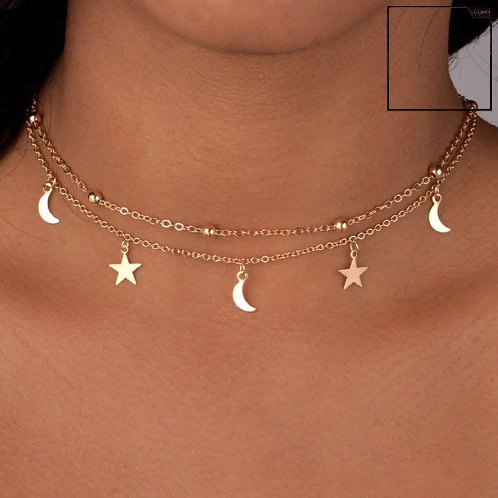 Gold Moon and Stars Double Layered Choker Necklace