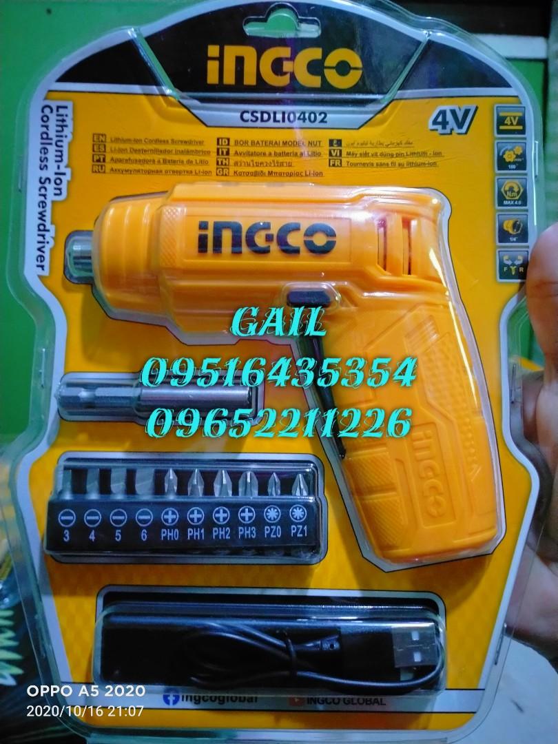 INGCO 4V Rechargeable Li-ion Cordless Screwdriver (Category: Construction Tools & Equipment) located in Caloocan City. Submitted by abieghail (Listing ID 1109325052, Image 1). Description: INGCO 4V Rechargeable Li-ion Cordless Screwdriver Model : CSDLI0402 Charger volts:110-240V~50/60Hz Voltage: 4V Hex Shank: 1/4" No-load speed: 180/min Max. torque: 4N.m Torque settings: 15+1 Integrated work light Charge level indicator With 1pc 2Hr charger With 