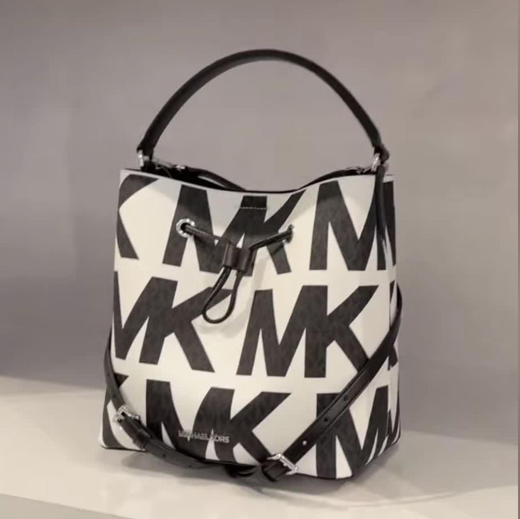 Michael Kors Black/Grey Signature Canvas Suri Drawstring Bucket Bag