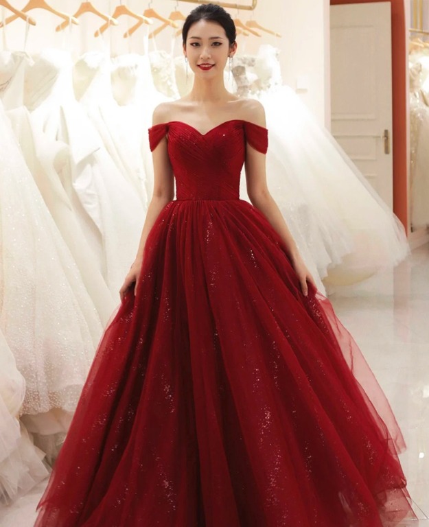 Red off the best sale shoulder evening gown