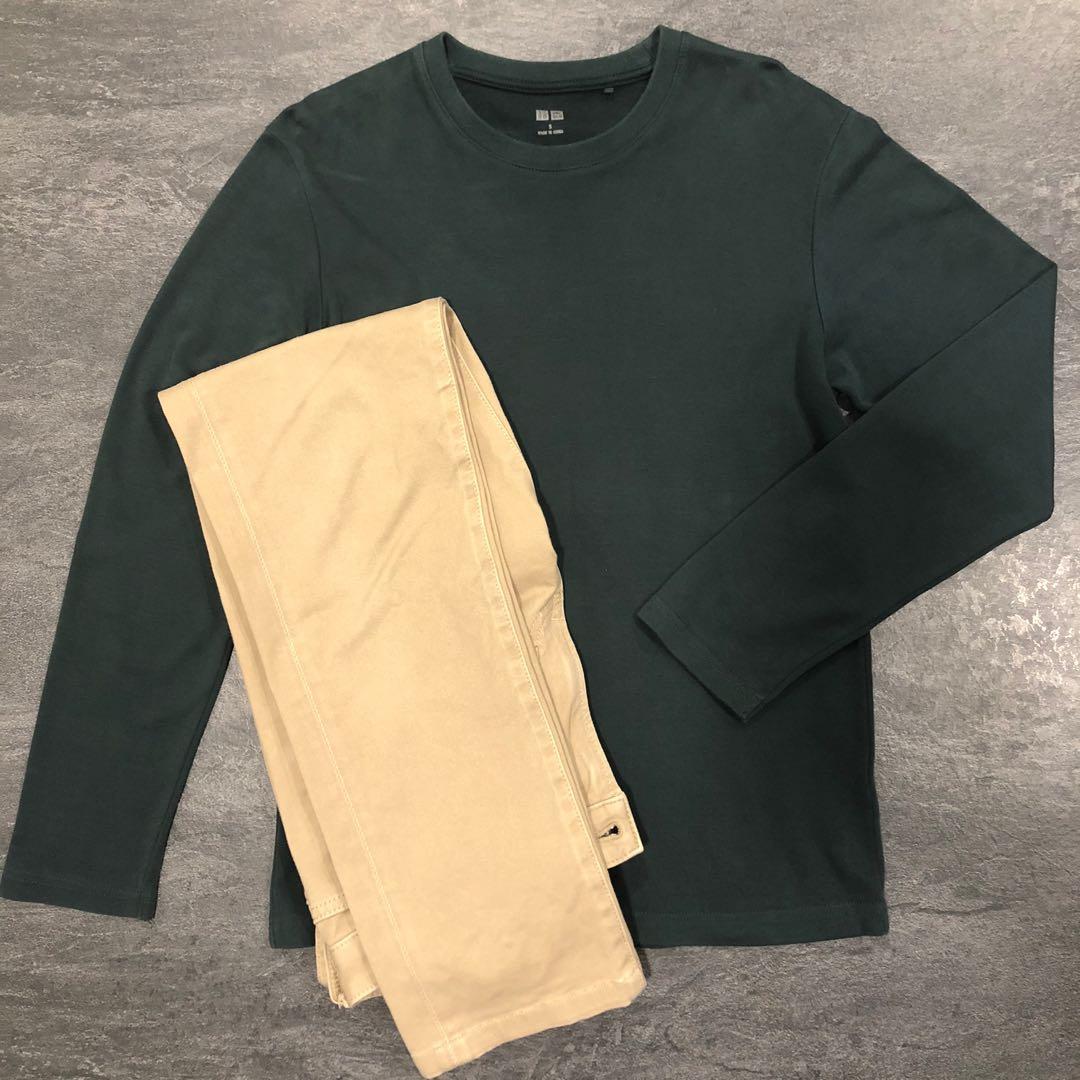 Uniqlo Green Soft Touch Crew Neck Long Sleeve T-Shirt, Men's