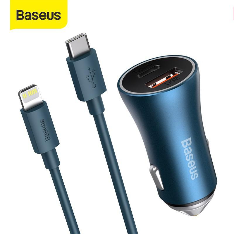 Baseus Golden Contactor Pro Dual Quick Charger Car Charger U+C 40W（With  Baseus Simple Wisdom Data Cable Type-C to iP 1m, Mobile Phones & Gadgets,  Mobile & Gadget Accessories, Chargers & Cables on