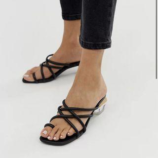 Black Strappy Clear Geo Block Glass Heel Square Toe Sandals