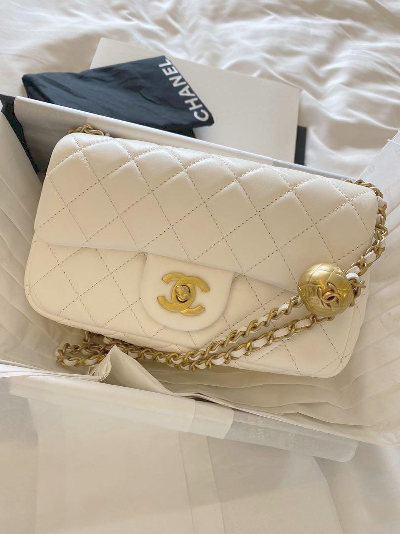 BNIB Chanel mini classic flap white Bag pearl crush , Luxury, Bags