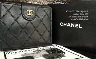 CHANEL Black Quilted Leather Gold CC Bi Fold Small Wallet with Card/Bill/Coin