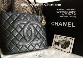 CHANEL Classic Black Caviar Quilted Leather Big CC 24K Gold Medallion Tote bag